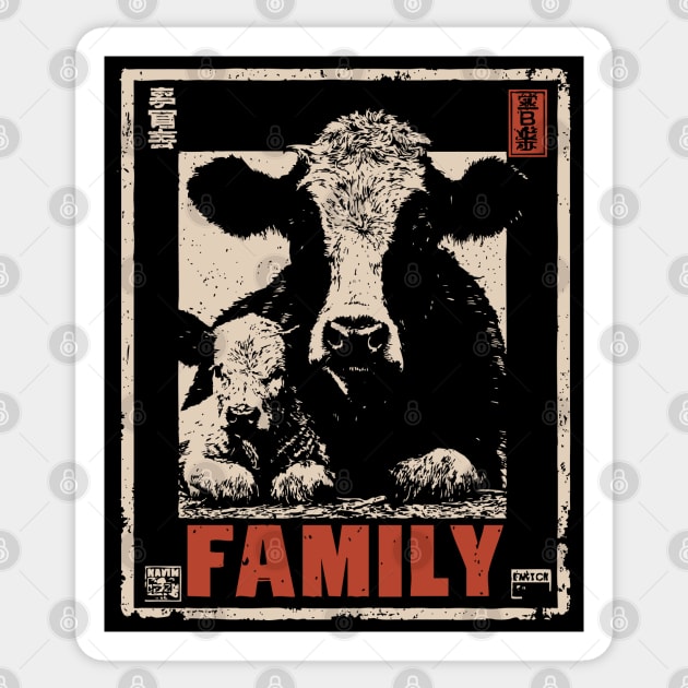 Cow and her Baby Calf - Ukiyo-e Style Sticker by TuncGK